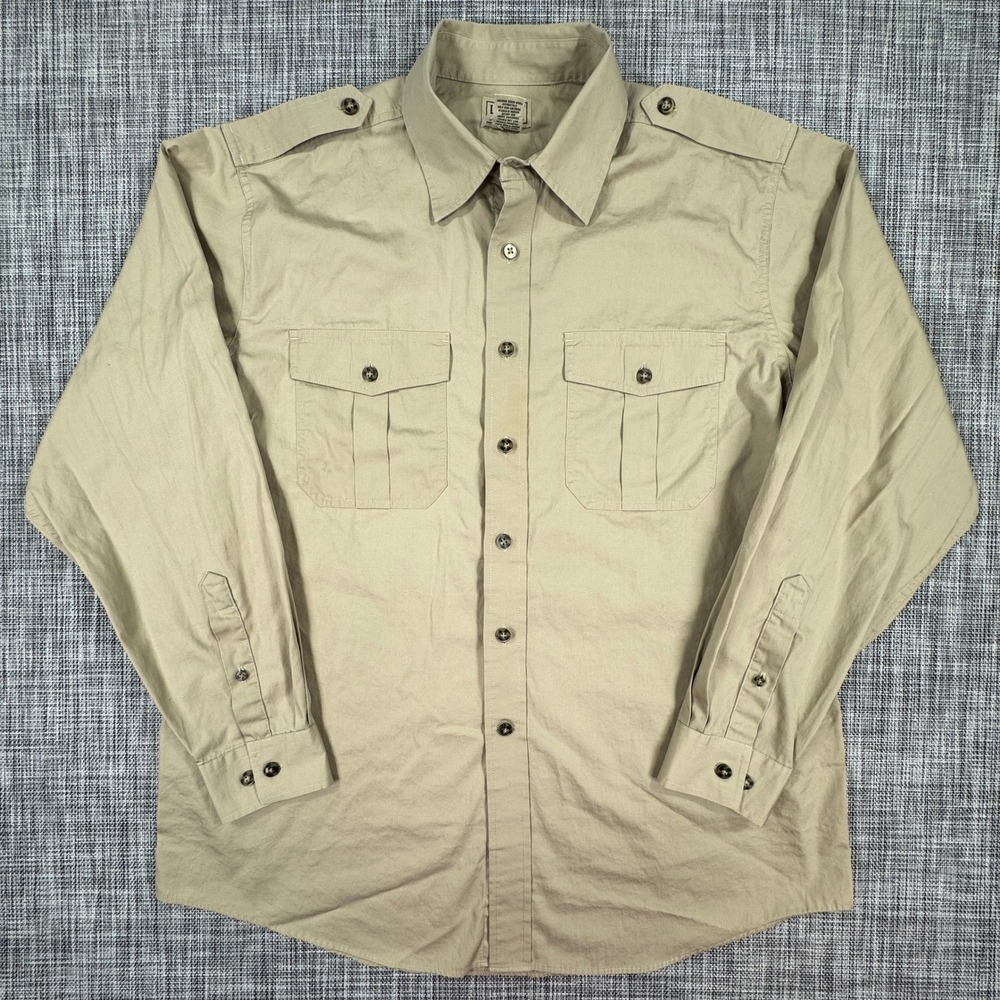 LL Bean Mens Shirt Safari Epaulet Cotton Long Sleeve Utility Tan Large Regular